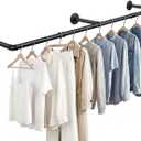 Industrial Pipe Clothes Rack, 50" Wall Mounted Iron Garment Rack, Heavy Duty Space-Saving Clothing Bar, Multi-Purpose Hanging Rod for Bedroom, Laundry Room and Closet Storage, Black