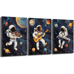 3Pcs Nursery Space Astronaut Canvas Wall Art Cute Astronaut Musician Decor Pictures Music Funny Piano Guitar Violin Posters Prints for Boys Room Girls Room Kids Room Decoration, 24L" x 16W"