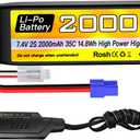 Sea Jump 2S Lipo Battery 7.4V 2000mAh 35C with EC2 Plug and USB Charging Cable Suitable for RC Car, Truck, RC Boat, Quadcopter Aircraft, FPV Drone Battery