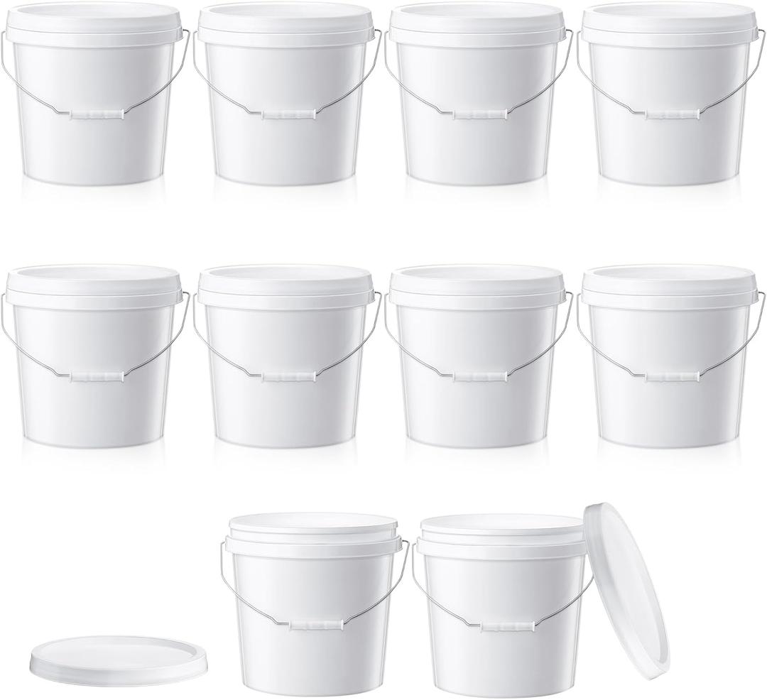 Tioncy 10 Pcs 2 Gallon Plastic Buckets with Lids, Handles, White
