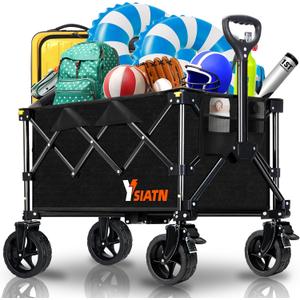 Collapsible Wagon Cart with Wheels Foldable, Folding Wagon Cart with All Terrain Wheel, Large Grocery Carts On Wheels, Heavy Duty Utility Wagons for Shopping Beach Sports Fishing Camping, 110L, Black