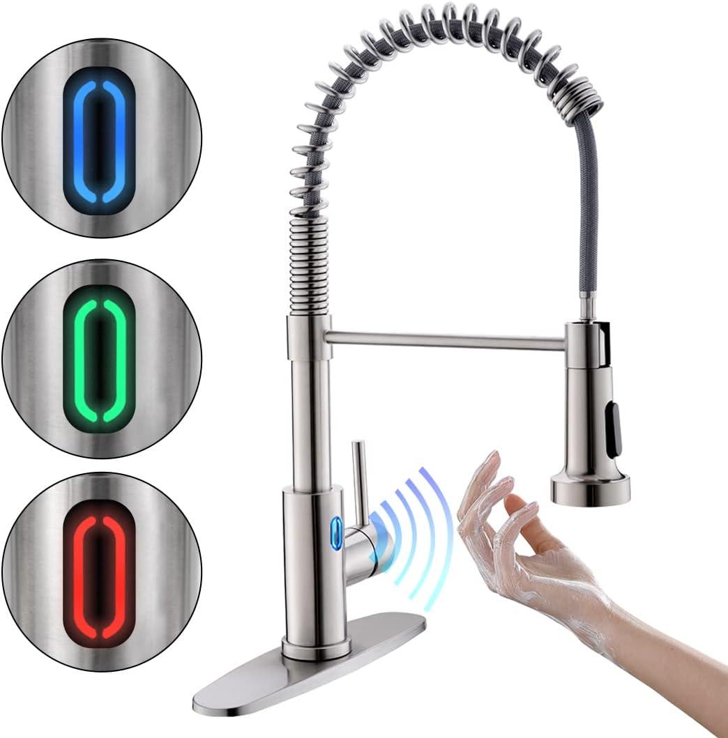 OWOFAN Touchless Kitchen Faucet with Pull Down Sprayer LED Light Single Handle Kitchen Sink Faucet Motion Sensor Smart Hands-Free, Stainless Steel Brushed Nickel 1080SN (3 Brushed Nickel)