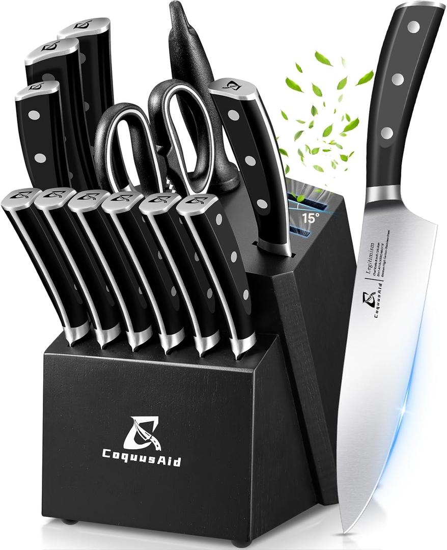 Knife Set, Kitchen Knife Block Sets with Sharpener, 6 Steak Knife Set Serrated with Block, 15 PCS Forged German Stainless Steel Rust Proof Knives, Dishwasher Safe Black, New Beveled Design 