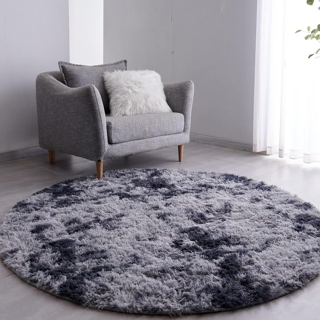 FJZFING Tie-Dyed Dark Grey Round Rug Ultra-Soft Plush Modern 4x4 Circle Area Rug for Kid's Bedroom, Fluffy Shag Circular Rug for Nursery Room, Non-Slip Tie-Dyed Dark Grey Rug for Teen's Room