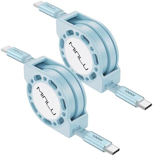 Minlu Retractable USB C to USB C Cable(4FT, 2Pack),100W USB Type C to C Charger Cord Fast Charge for iPhone 16/15 Series,MacBook Pro 2020,iPad Air 4,Samsung UItra/S24/S23 Etc Blue