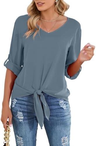 SUEANI Women's Tie Front Knot Long Sleeve Loose Fit V Neck Floral Blouses Chiffon Tops Shirts (Medium, Blue Gray)