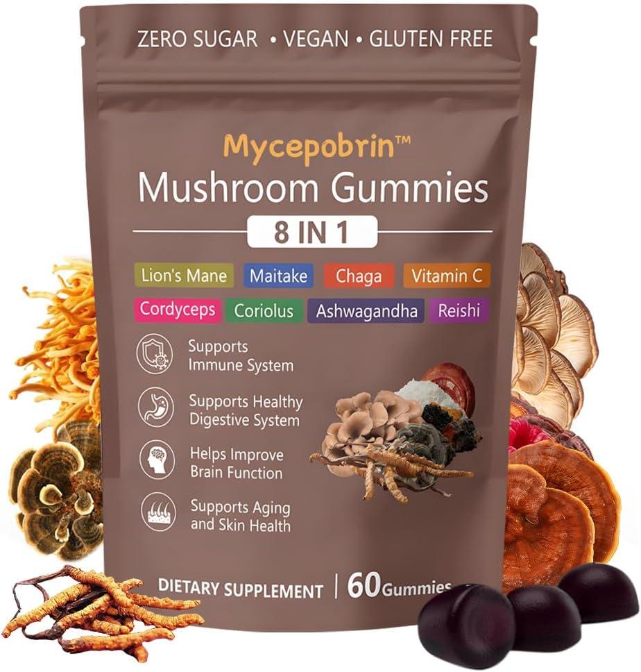 New Mushroom Gummies 8 in 1- Lion's Mane, Cordyceps,Ashwagandha & Reishi Gummies for Adults,Immune Support & Energy Boost, Non-GMO, 60 Gummies, Best 04/23/2027