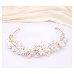 Oriamour Gold Bridal Headbands Wedding Headpieces With Ceramic Flowers Wide Pearl Wedding Hair Accessories For Women And Girls