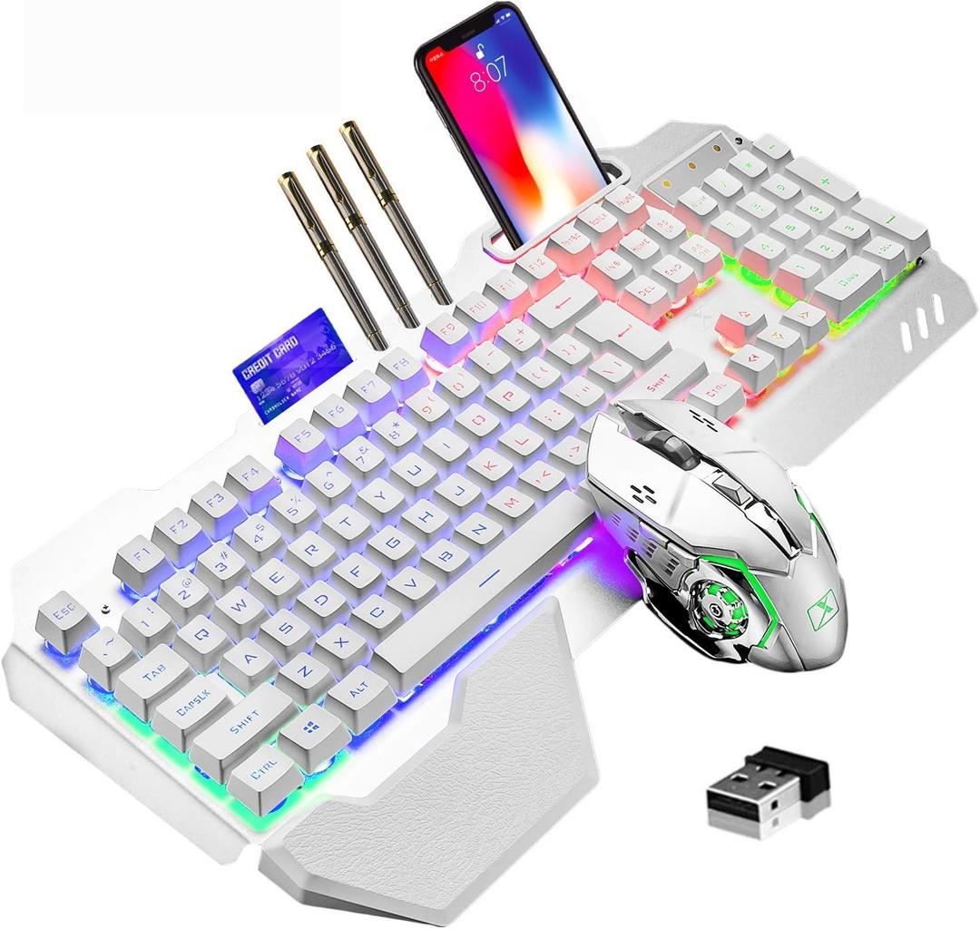 Wireless Gaming Keyboard and Mouse,RGB Backlit Rechargeable Keyboard Mouse with 5000mAh Battery Metal Panel,Removable Hand Rest Mechanical Feel Keyboard and 7 Color Gaming Mute Mouse for PC Gamers