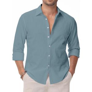 Linen Shirts for Men Casual Button Down Long Sleeve Shirt Solid Summer Beach Hawaiian Shirts (X-Large, Blue)