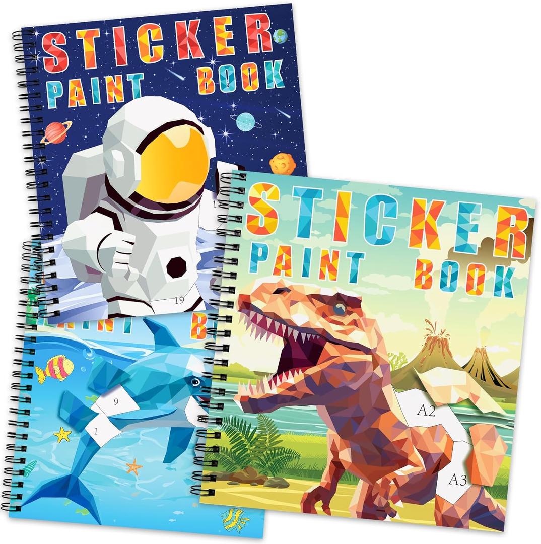 homicozy 3PCS Sticker Paint Books for Kids Ages 4-10,Dinosaur Astronaut Ocean Animals Designs Paint by Stickers, Sticker by Numbers, Party Birthday Gifts for Boys 4-10,Create 30 Pictures at a Time