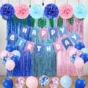 Blue and Pink Birthday Party Decorations  Cute Cartoon Style Party Supplies Kit with Fringe Curtains, Tropical Leaves, Banner & Confetti Balloons for Birthday, Luau Theme, Baby Shower, Gender Reveal