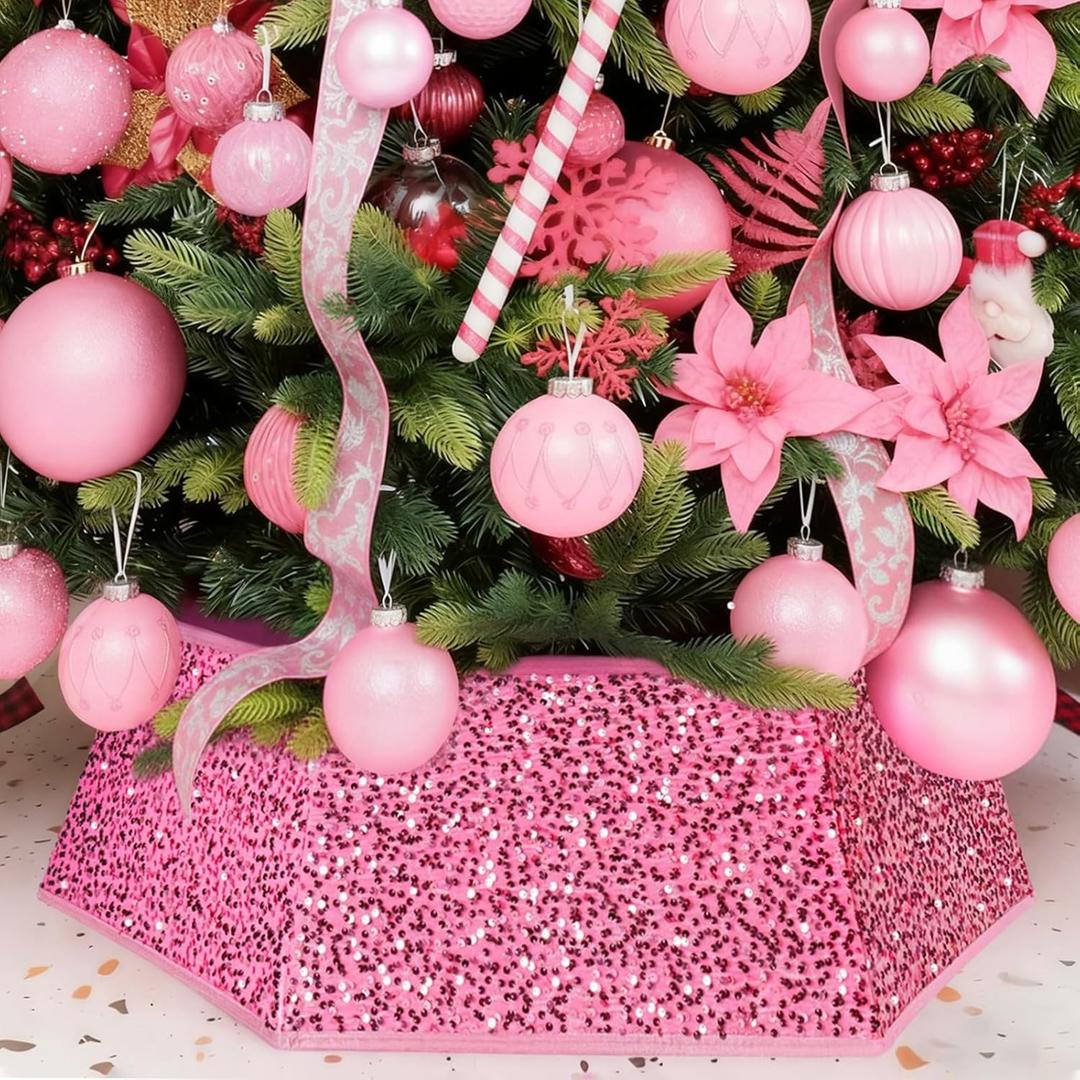 XmasExp Christmas Tree Collar, 33.5 inch Sequin Tree Skirt Stand Base Cover for Home Decor, Large Size 6 Piece Rose Pink