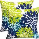 Decorative Throw Pillow Covers Set of 2 Blue Green Pillow Covers 18x18 inch Throw Pillows Linen Square Pillow Case, Farmhouse Outdoor Floral Flower Pillow Covers for Couch Sofa Living Room