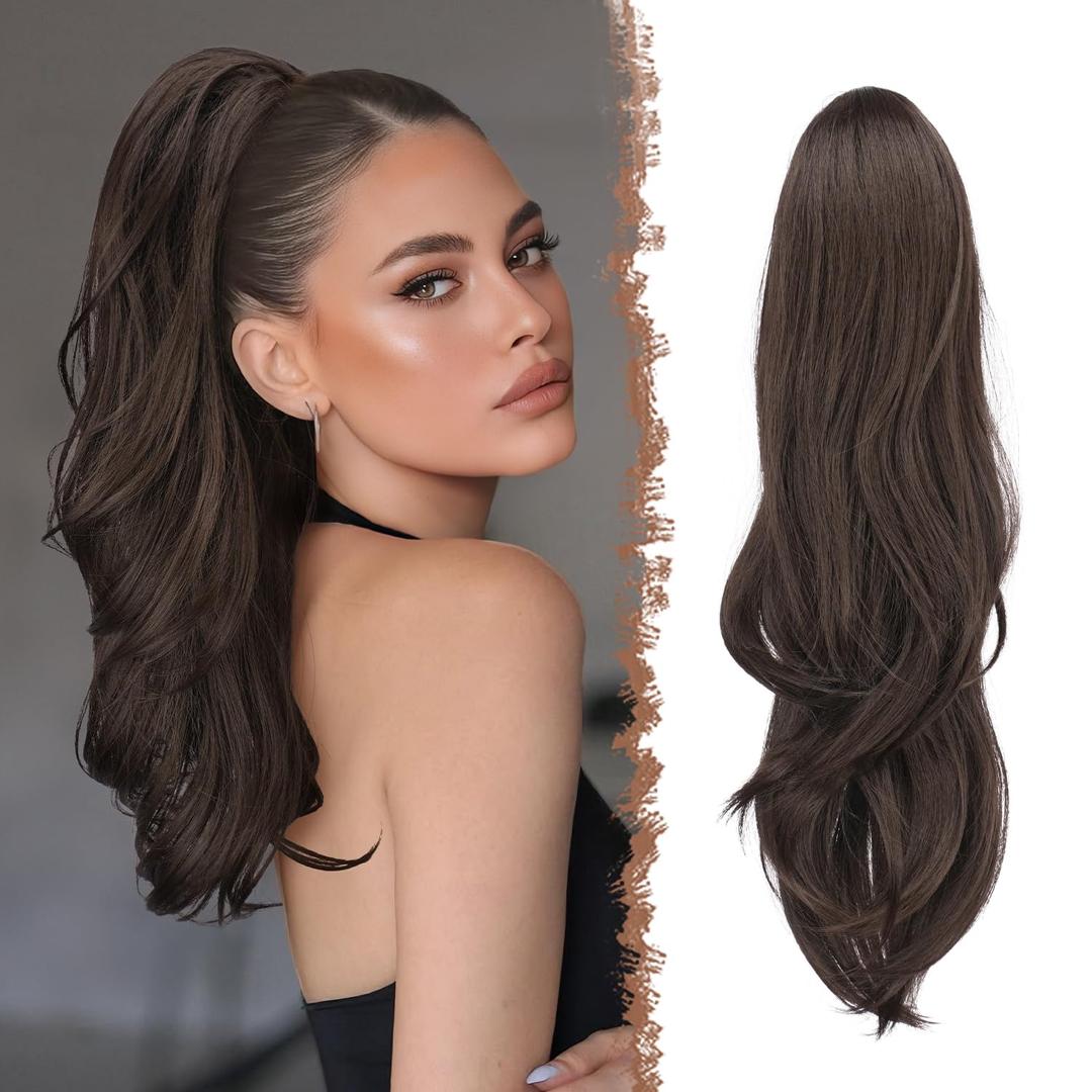 FESHFEN Drawstring Ponytail Extension, Natural Long Wavy Layered Synthetic Pony Tails Dark Brown Hair Extensions Hairpieces for Women, 20 inch