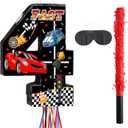 Race Car Piata Pull String Cars Piatas for Birthday Party Decorations Number 2 3 4 5 6 with Blindfold Stick Small Red Black Racing Theme 2nd 3rd 4th 5th 6th Party Supplies(Number 4)