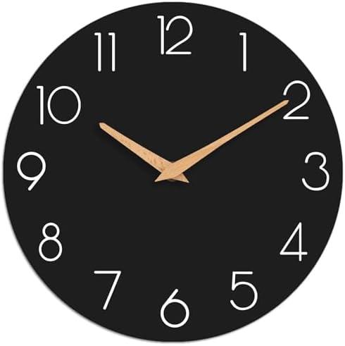 cicininc Wall Clock, 12 Inch Wooden Silent Non-Ticking, Decorative Battery Operated Wall Clocks for Bedroom, Kitchen, Home, Living Room, Office, School, Hotel (Black)