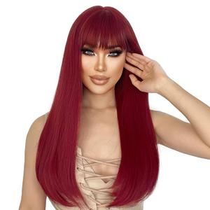 ENTRANCED STYLES Red Wigs for Women Long Straight Red Wig with Bangs Synthetic Burgundy Wig Colored Cosplay Wig for Girls Halloween Daily Party Use 22 Inch
