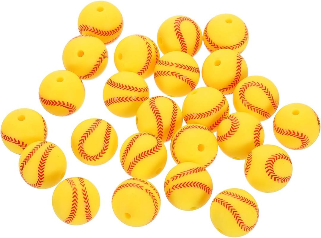 uxcell Sports Ball Beads, 30Pcs 15mm - Silicone Round Spacer Focal Beads, Rubber Loose Print Sports Beads for Keychain Making Pens DIY Crafts Necklace Bracelet Lanyard (Yellow Baseball)