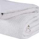 Glamburg 100% Cotton Thermal Bed Blanket, Soft Waffle King Size, All Season, White (King (90"x102"))