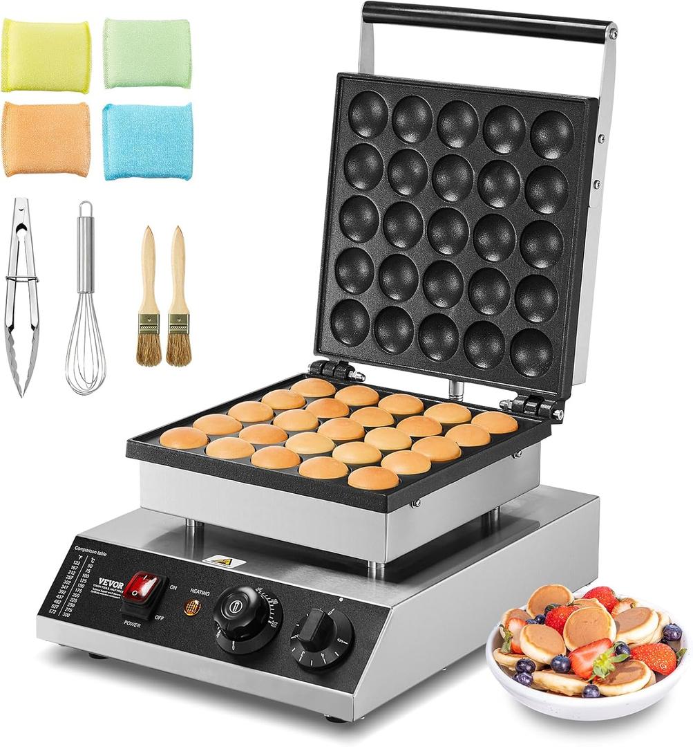 VEVOR Mini Dutch Pancake Maker, 25PCS 43mm Diameter Dorayaki Baker Machine, 1700W Commercial Electric Poffertjes Grill, Non-stick Stainless Steel, Temp & Time Control, for Home Kitchen Restaurant