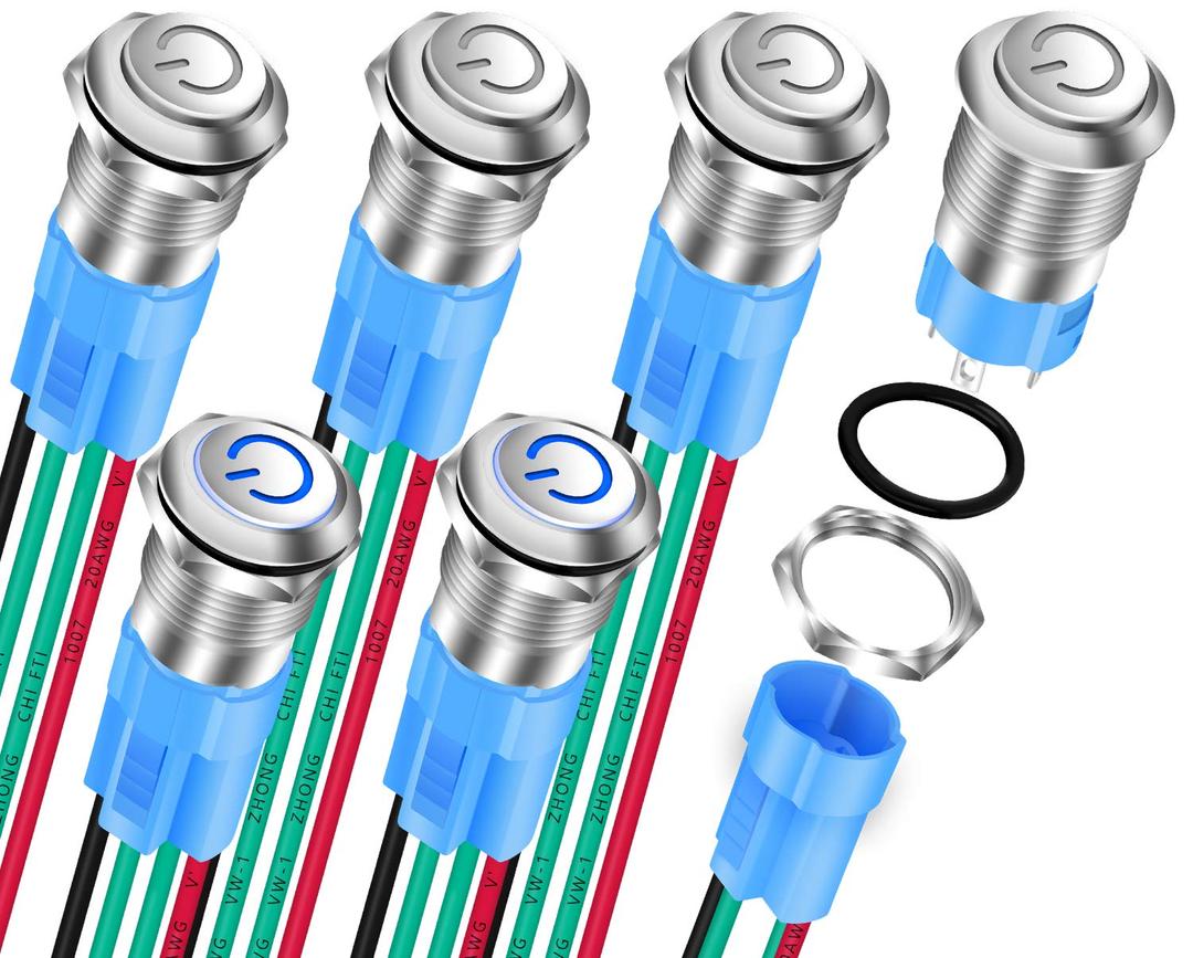 DaierTek 12mm Latching Push Button Switch 12V LED Blue Waterproof ON Off Maintained Power Button 12 Volt Small Round Metal Black Wired for Automotive - 6pcs (Silver)