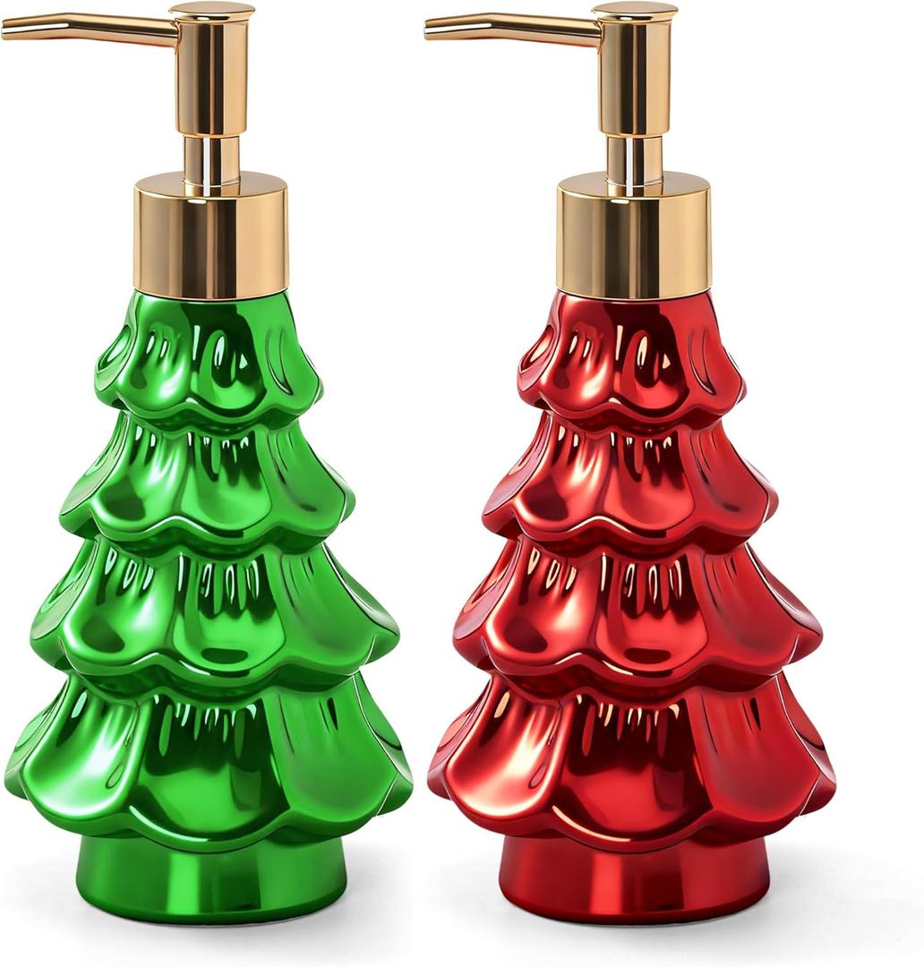 NOVAYEAH Christmas Soap Dispenser, Ceramic Green and Red Holiday Christmas Tree Hand Dish Soap Dispenser, Refillable Leak Proof Decorative Pump Bottle for Bathroom Kitchen Countertop