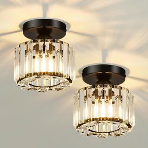 2 Pack Small Crystal Semi Flush Mount Ceiling Light Fixture Modern Black Mini Round Chandelier Metal E26 Ceiling Lamp for Hallway Bathroom Entryway Kitchen Closet