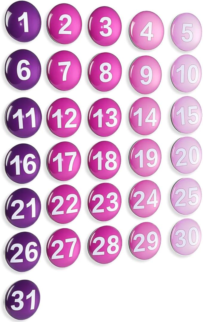 1-31 Magnetic Numbers Colored Glass Calendar Magnets for Whiteboard Dry Erase Board Fridge Schedule Refrigerator(Purple,1.38",Numbered)