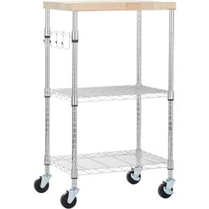 Amazon Basics Portable Kitchen 3-Tier Storage Rack on Caster Wheels with Adjustable 2 Shelves, 175 Pound Capacity, 21 x 15 x 36.7 inches (LxWxH), Wood/Chrome