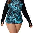 Halcurt Women's Plus Size Long Sleeve Rash Guard Swim Shirt with Thumb Holes UPF50+ Sun Protection Swimsuit Top Black Turquoise 3X