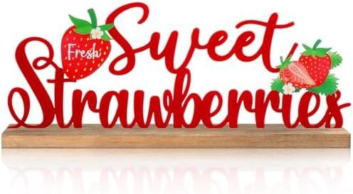 MiniInflat Fresh Sweet Strawberries Metal Sign Rustic Table Decor Summer Tiered Tray Decor with Wooden Base Freestanding Metal Word Sign for Home Tabletop Centerpiece Mantel Shelf Fireplace, 2 Packs