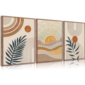3Pcs Framed Boho Abstract Wall Art Orange Rainbow Sun Desert Minimalist Picture Mid-Century Modern Poster Prints Neutral Botanical Geometric Canvas Painting Wall Decor for Living Room 16L" x 12W"