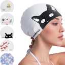 COPOZZ Adult Swim Caps, Silicone Waterproof Comfortable Swimming Cap for Women, Long and Short Hair (Black Cat-12yrs+)