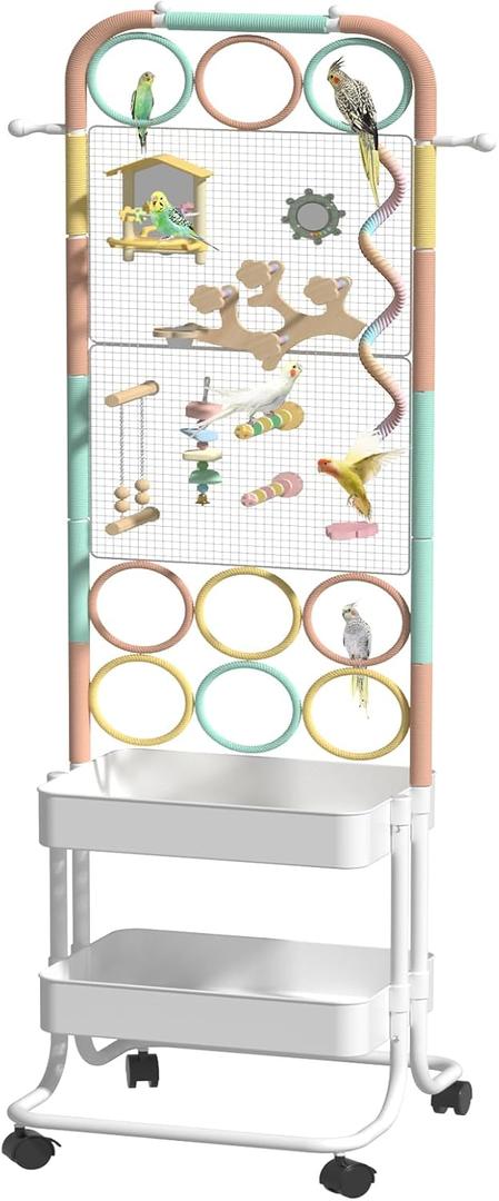 Large Bird Playground, Parrot Perch Stand with Toys DIY Zone, Wheels, Toilet, Storage Space, Bird Stands for Inside Play Gym Stand for Parakeet Conure Cockatiel Lovebird Budgie African Greys