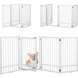 SMONTER Free Standing Dog Gate with Door Walk Through, 80.5'' Extra Wide Indoor Dog Fence, 31.5'' H 4 Panels Foldable Metal Pet Puppy Gate for Stairs, Hallways, Doorway, White