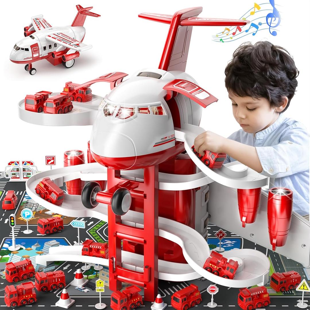 Airplane Toys for Toddlers 3-5 - Car Race Tracks for Kids Ages 4-8 with 8 Small Race Cars Toys, Vehicle Toys Trucks, Educational Playset for Kids Boys 3-5, Birthday Gifts for Boys Girls 4-7 (Red)