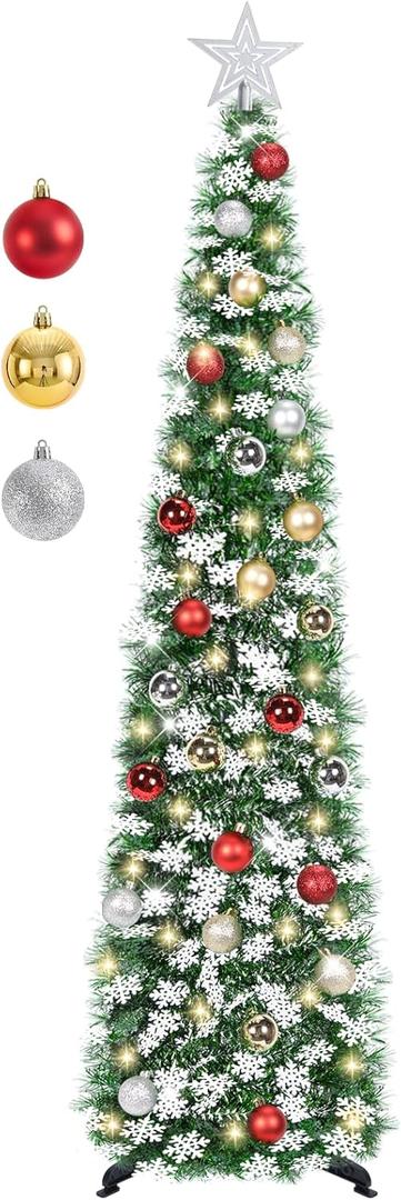 5 FT Pop Up Christmas Tree with Timer Lights and Decorations, Green Tinsel Artificial Christmas Tree with 24 Balls Ornaments, Collapsible Pencil Tree for Xmas Home Office Party Decor