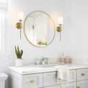 BYOLIIMA Gold Wall Sconce Set of 2 with White Cylinder Glass Shades Modern Mid Century Bathroom Vanity Wall Light Fixtures Industrial Brushed Brass Wall Lamp for Bedroom Mirror Living Room Restaurant, 19.3 inches x 3.94 inches x 3.55 inches