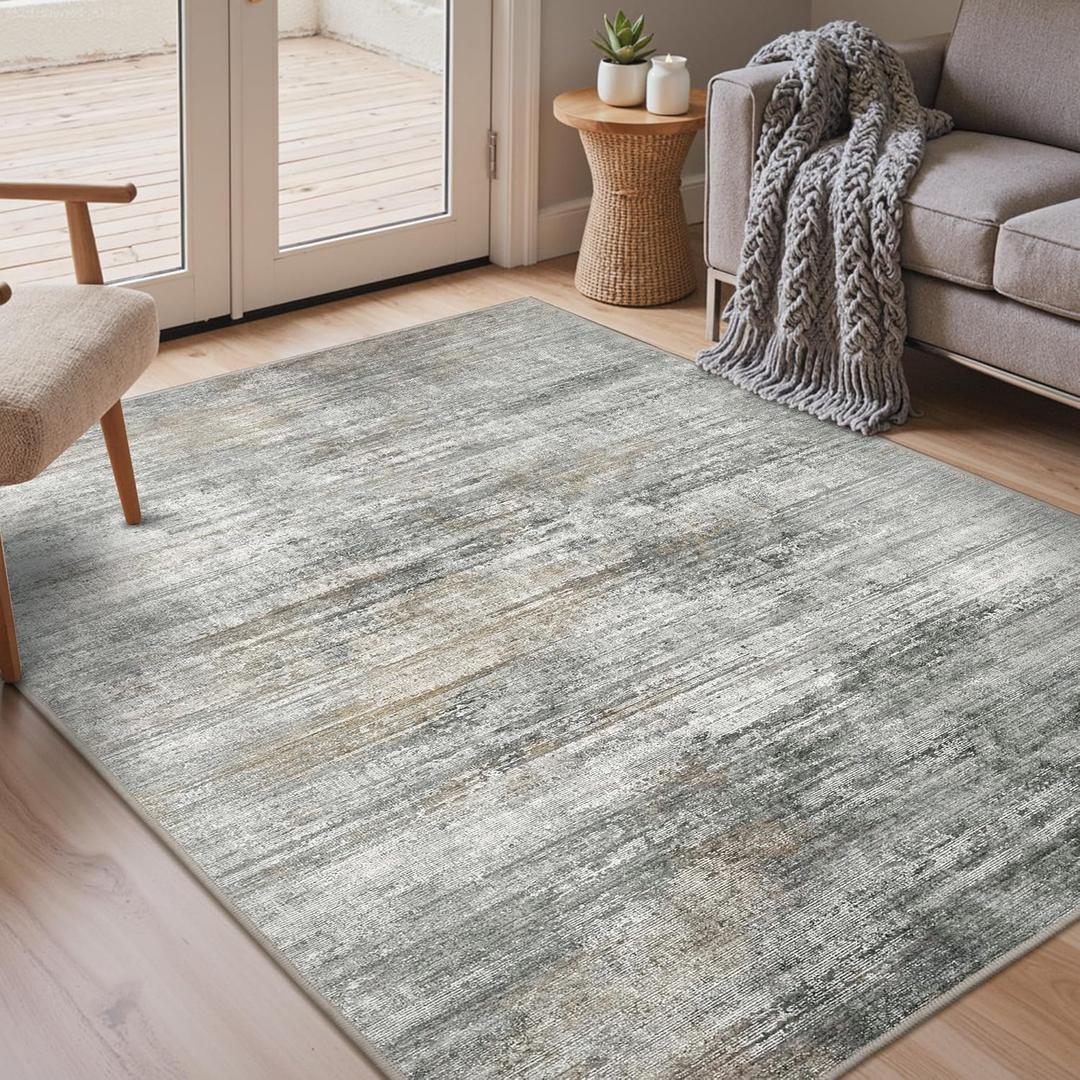 Bavni Washable Area Rug, Soft Grey Rugs Non-Slip, Thin Foldable 3x5 Rug, Modern Stain Resistant Rug for Living Room, Kitchen, Bedroom, Granite Gray