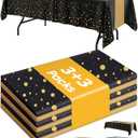 Niuara Graduation Decorations Table Cloth for Rectangle Table and Table Runner Set - 3+3 Pack, Black and Gold Plastic Tablecloth Disposable for Birthday, Wedding, Baby Shower, New Year