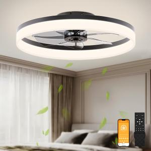 VOLISUN Low Profile Ceiling Fan with Light and Remote, 23.6in Flush Mount, Dimmable LED Fan Light, Bladeless for Bedroom (Black)