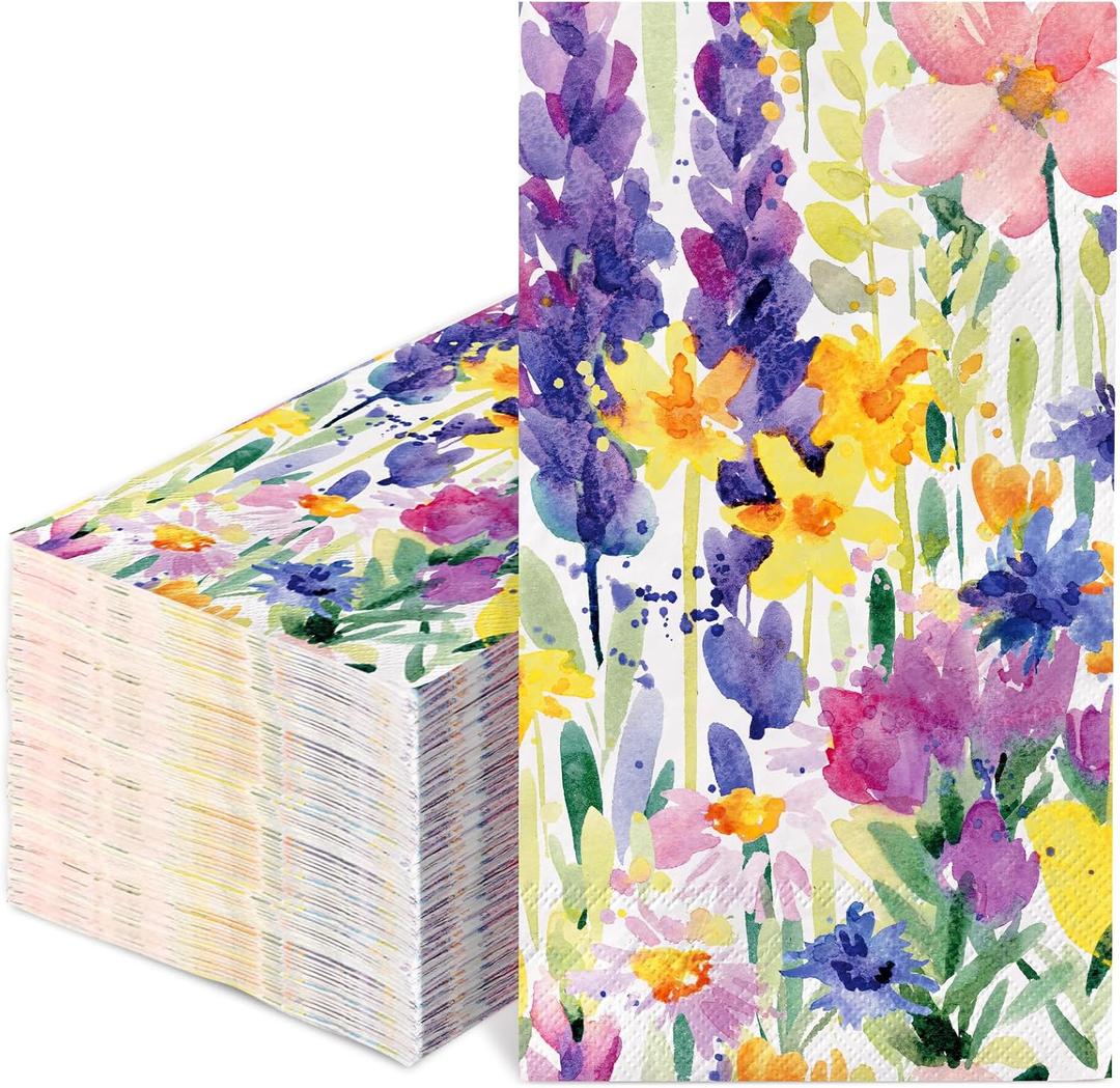 100Pcs Floral Guest Napkin Spring Summer Disposable Paper Napkin Watercolor Flower Decorative Dinner Hand Towels for Home Kitchen Bathroom Party Supplies Table Decor