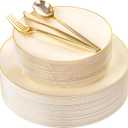I00000 150Pcs Ivory Plastic Plates with Gold Rim,Nice Disposable plates,Gold Plastic Plates,Ivory Disposable Plates Set include 30 Dinner Plate,30 Dessert Plate,90 plastic Silverware Set for Party, Large