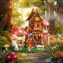 Forest Mushroom House Building Blocks Toy Mushroom Cottage with Openable Windows, Colorful Flowers, Mini Furniture, Staircase & Stone Path Creative Building Set for Adults and Kids(1377 Pieces)