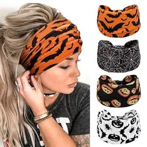Huachi 4 Packs Halloween Headbands for Women Bat Pumpkin Spider Halloween Hair Accessories Wide Knotted Headband Fall Gifts Holiday Hairband Turban Head Bands for Women's Hair Party Favors
