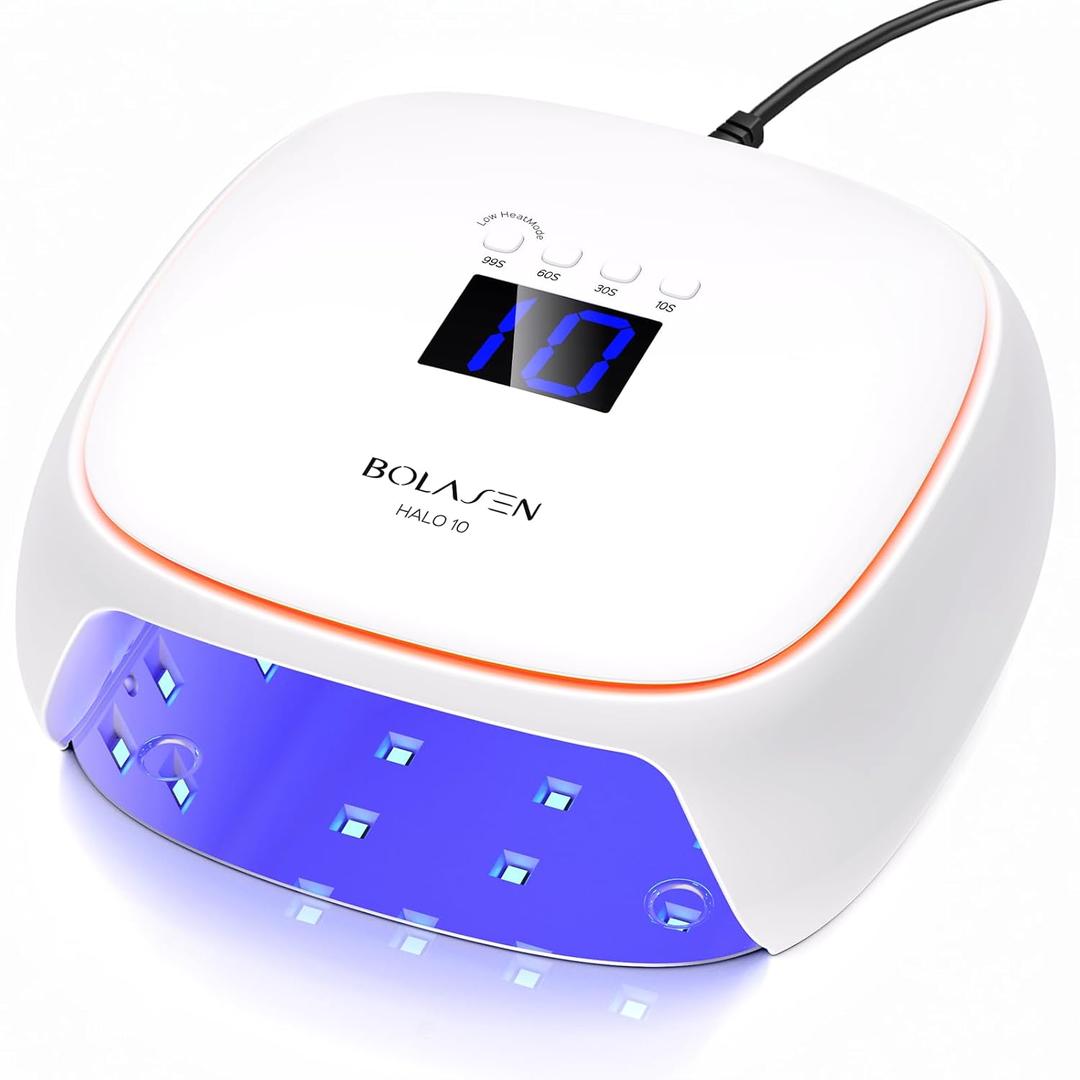 BOLASEN Minimalist UV LED Nail Lamp with Halo Ring, UV Light for Gel Nails with 4 Timers, 60W Fast Curing Lamp for All Gel Polish, Large Capacity for Long Nails, Plug-in Halo 10 White