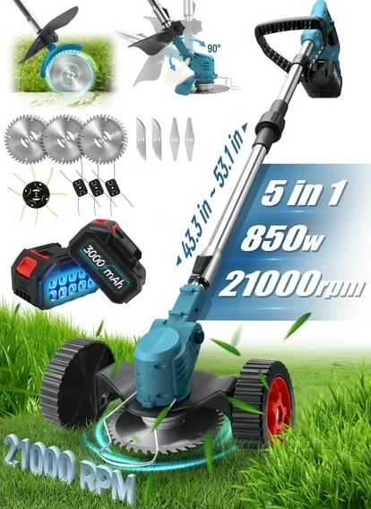 RELOIVE Electric Weed Wacker, Cordless Weed Eater with 2PCS 3000mAh Batteries and Charger, 5-in-1 Lawn Mower with Wheels, 43.3''-53.1'' Adjustable Grass Trimmer, Edger Lawn Tool for Garden Yard