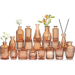 Amber Glass Bud Vases -Set of 19 for Flowers, Small Amber Bud Vases in Bulk for Centerpieces Decor, Mini Glass Set for Home Table Decorations