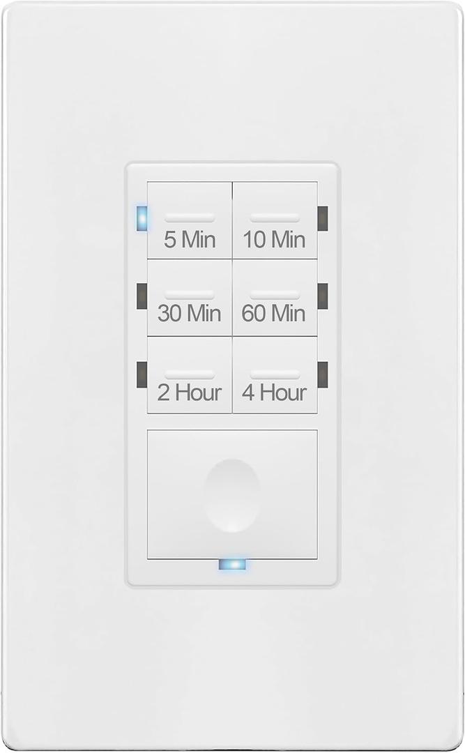 ENERLITES Countdown Timer Switch for Bathroom Exhaust Fan, Wall Light Switch Timer, 5 min 4 hours, Night Light LED Indicator, Neutral Wire Required, UL Listed, HET06-4H-W, White